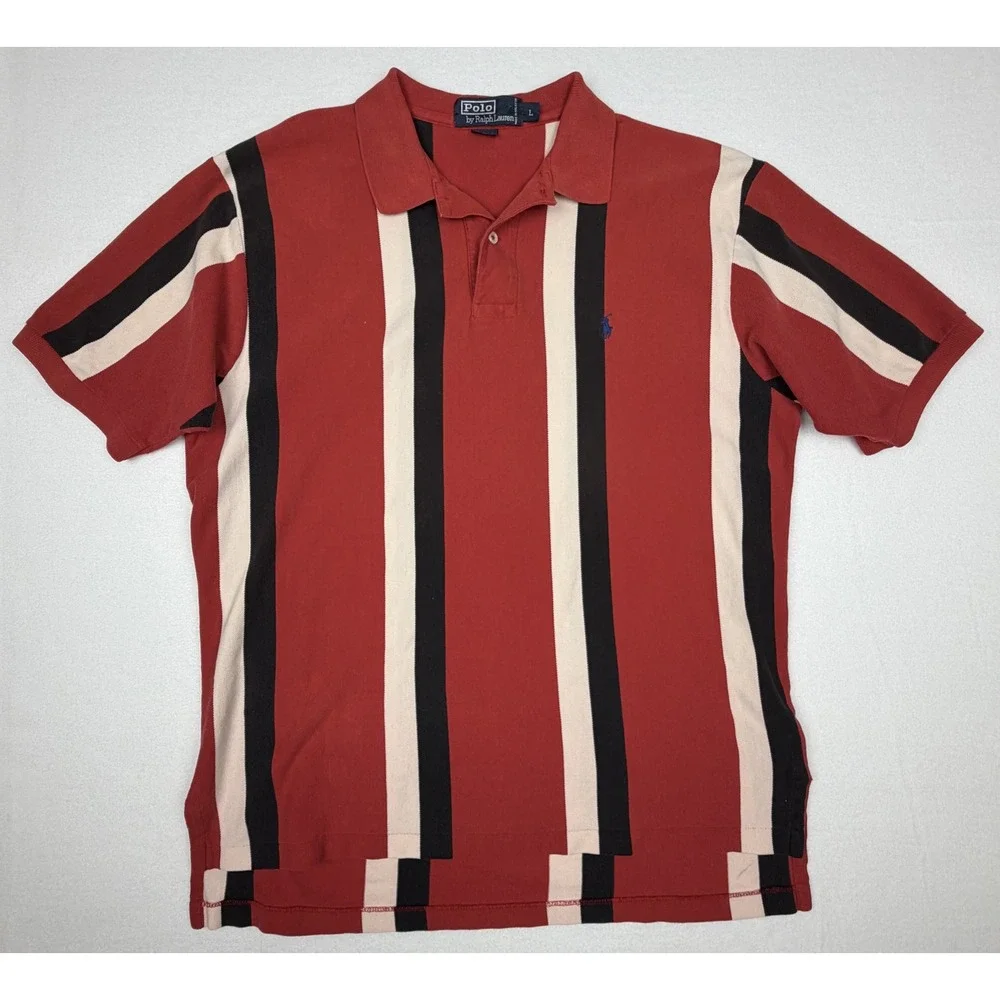 Vintage Polo Ralph Lauren Mens Size L Red Blk Vertical Stripe Pique Cotton Polo